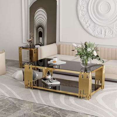 51 In. Black Rectangle Glass Coffee Table, Tempered Glass and Stainless Steel Legs, 2-Tier Center Table for Living Room