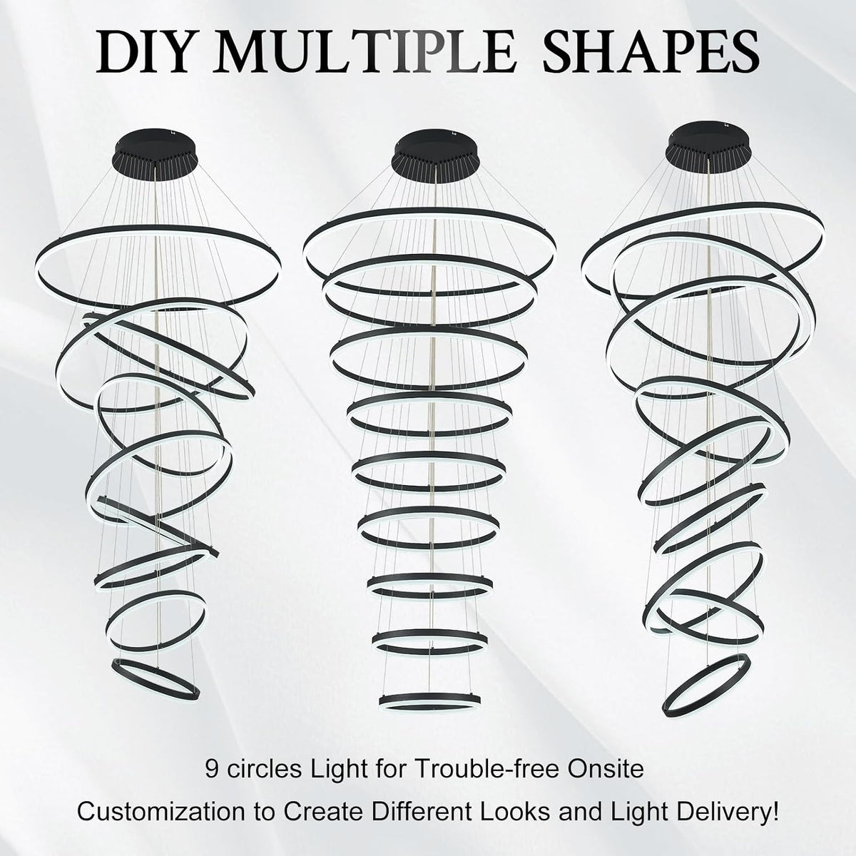 9-Rings D39.4In Modern LED Chandelier Black Dimmable High Ceiling Foyer Chandeliers Entryway with Remote Control for Staircase Entryway Living Room Foyer, 3000K-6500K