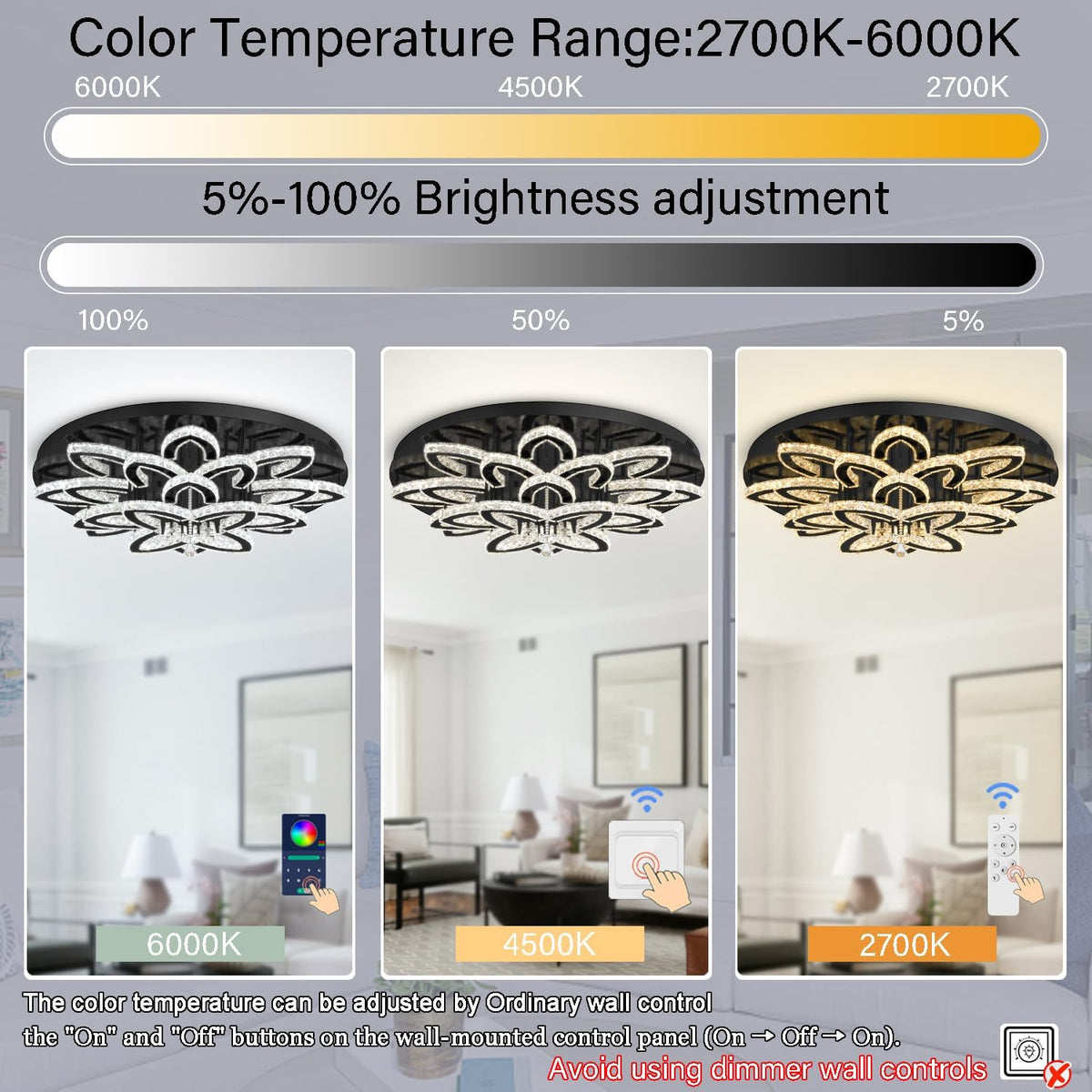 40" Modern Crystal Chandelier for Dining Room LED Dimmable Flush Mount Chandeliers Black Ceiling Chandelier for Living Room Bedrooms