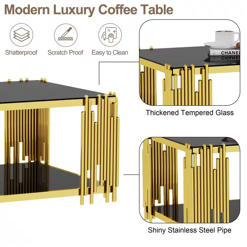 51 In. Black Rectangle Glass Coffee Table, Tempered Glass and Stainless Steel Legs, 2-Tier Center Table for Living Room