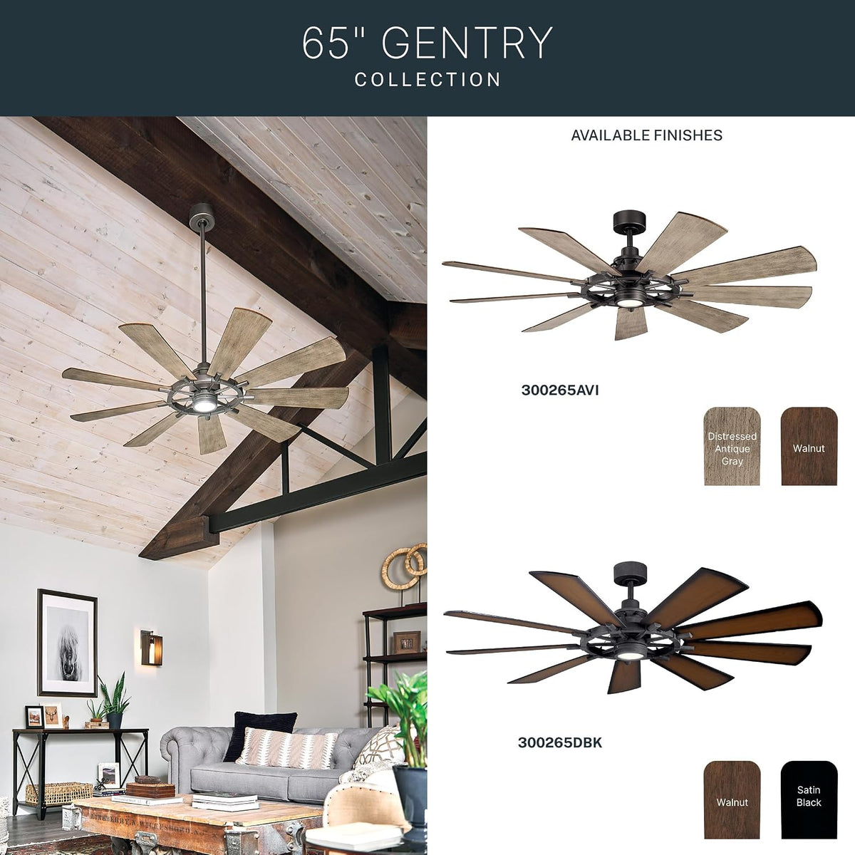 Gentry XL 65" Ceiling Fan with LED Light, Distressed Black