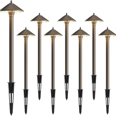 8-Light Low Voltage Bronze Pathway Landscape Lighting Kit – Warm White 2700K Architectural Walkway System, 12V Wired Metal Outdoor Lighting Set with Cable Connectors