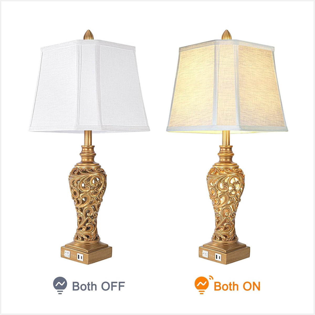Vintage Table Lamps with Night Light, 28.5'' Tall, Antique Gold, Set of 2