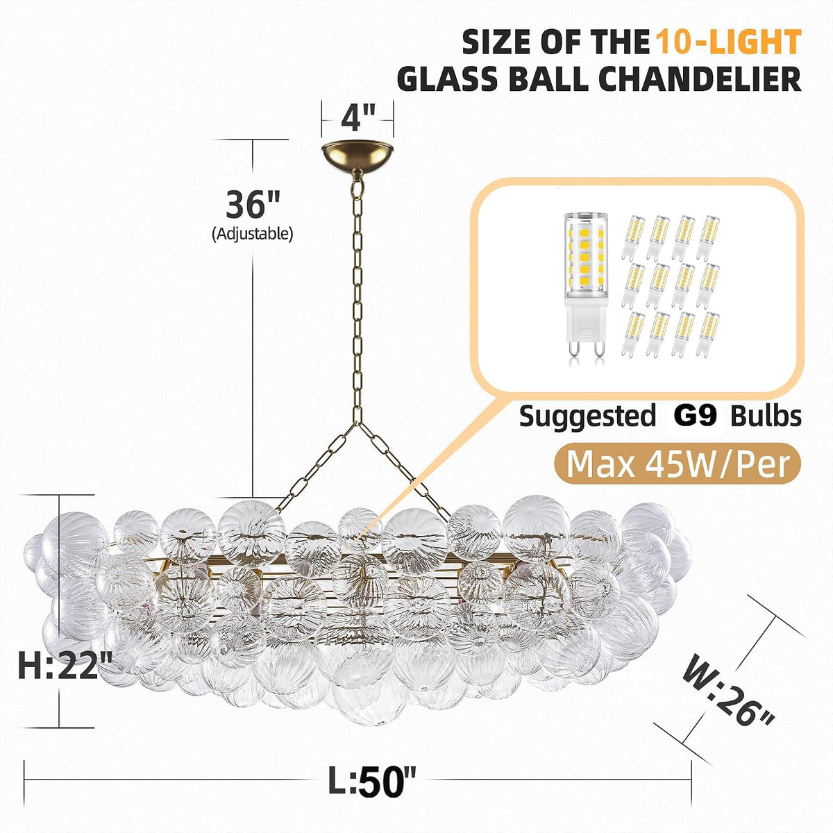 Nordic Bubble Ball Swirled Glass Long Chandelier 50 Inches Gold and Clear