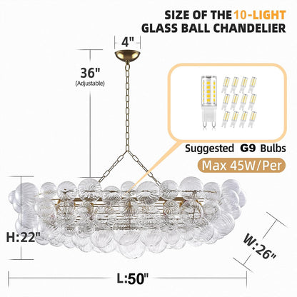 Nordic Bubble Ball Swirled Glass Long Chandelier 50 Inches Gold and Clear
