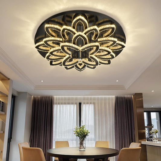 40" Modern Crystal Chandelier for Dining Room LED Dimmable Flush Mount Chandeliers Black Ceiling Chandelier for Living Room Bedrooms