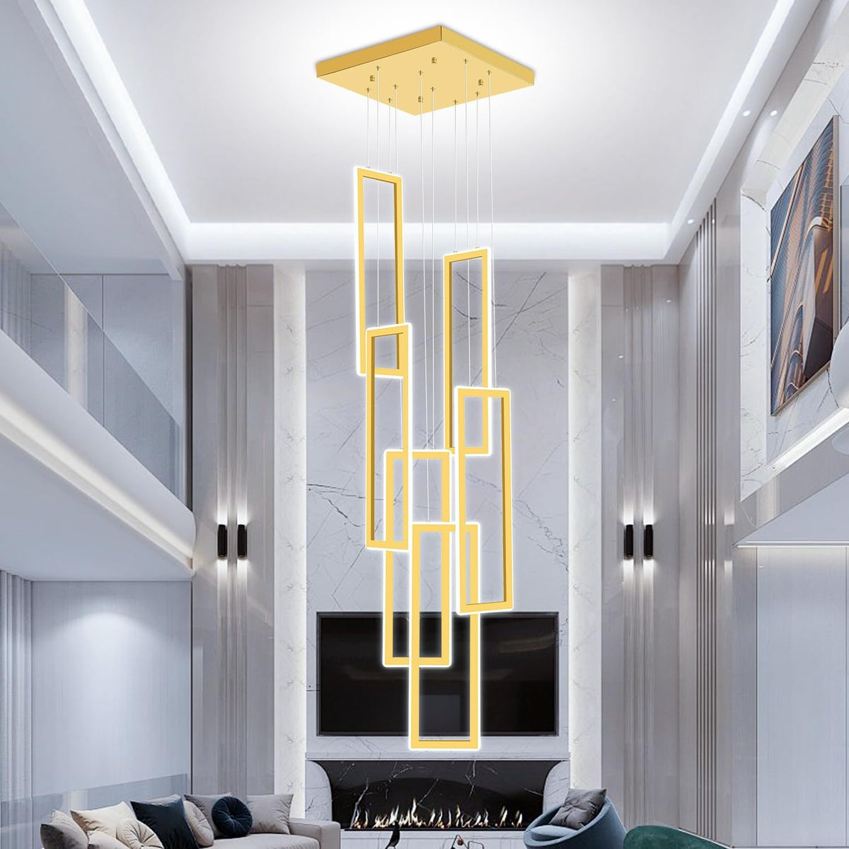 6-Ring Rectangle Chandelier Foyer High Ceiling Chandelier Contemporary Large Led Gold Ring Chandeliers for Staircase Villa