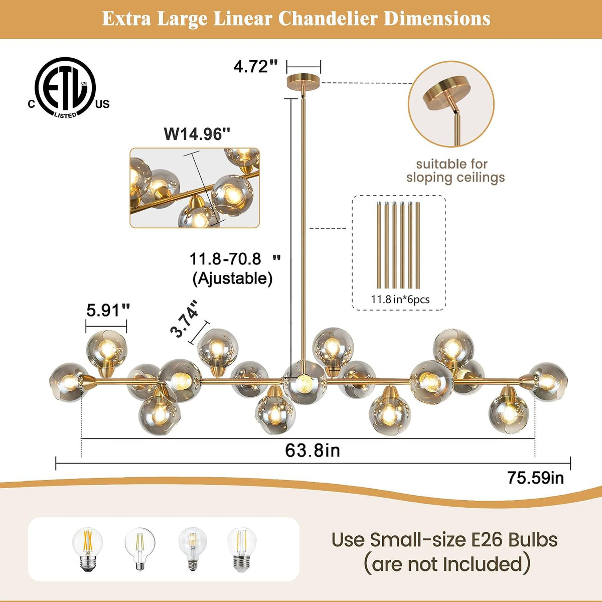 75'' Gold Linear Chandeliers for Dining Room Modern Extra Large Chandelier