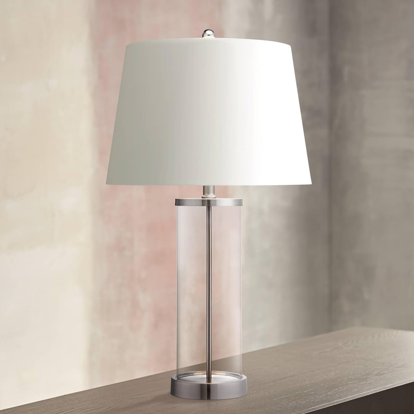 Modern Coastal Style Table Lamps 26" High Set of 2 Fillable Clear Glass Steel Metal White Empire Fabric Shade for Living Room Bedroom Beach House Bedside Nightstand Home Office