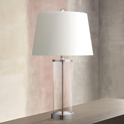 Modern Coastal Style Table Lamps 26" High Set of 2 Fillable Clear Glass Steel Metal White Empire Fabric Shade for Living Room Bedroom Beach House Bedside Nightstand Home Office