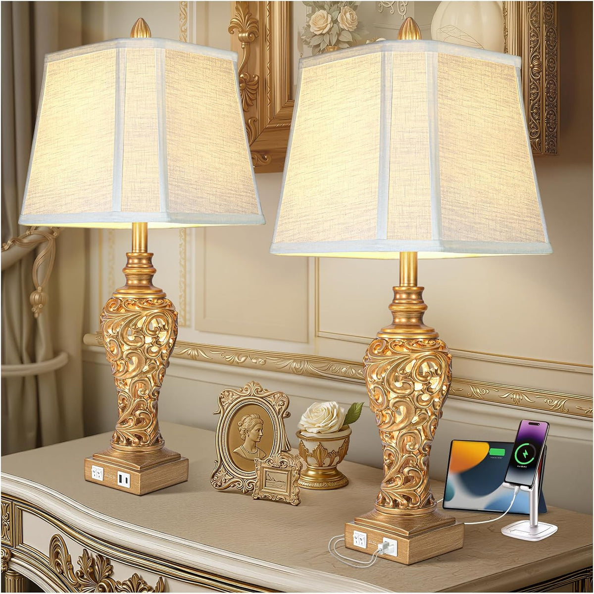 Vintage Table Lamps with Night Light, 28.5'' Tall, Antique Gold, Set of 2