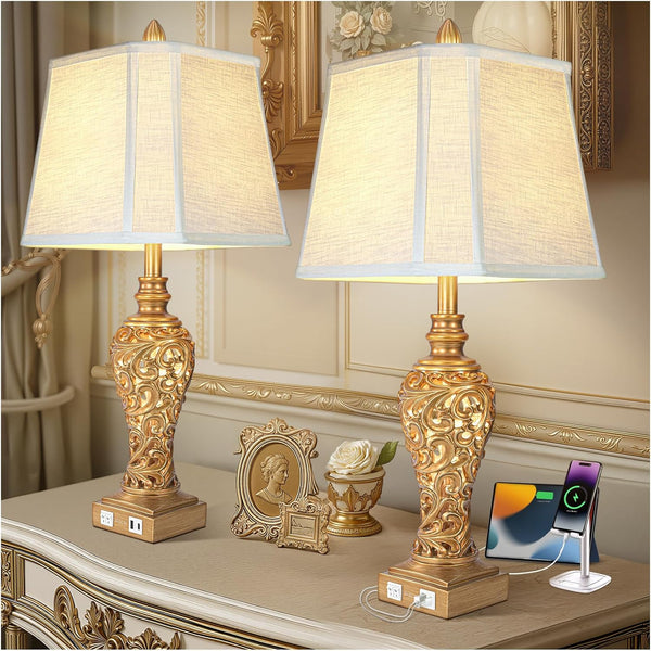 Vintage Table Lamps with Night Light, 28.5'' Tall, Antique Gold, Set of 2