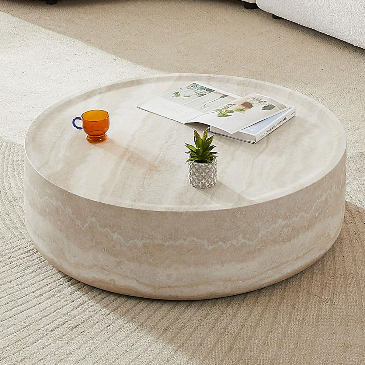 Round Coffee Table for Living Room Circle Coffee Table Faux Marble Pattern Coffee Table Modern Drum Center Table for Apartment, No Need Assembly (Travertine Fiberglass 39.37'')