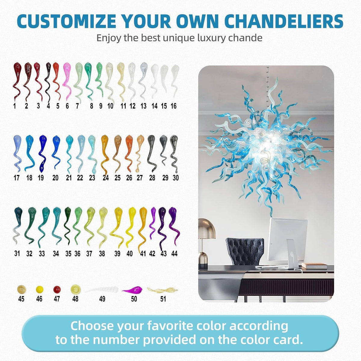 28" Hand Blown Glass Chandelier, Blue White Art Deco Pendant