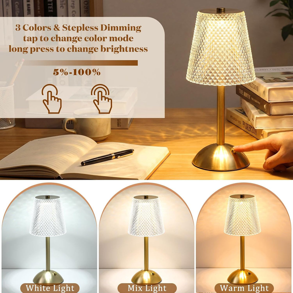 2 Pcs Cordless Table Lamp LED Touch, Gold, Crystal Cut Style