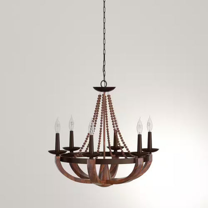 Adan 6-Light Rustic Iron/Burnished Wood Beaded Candlestick Hanging Chandelier with Carved Wood Bead Details