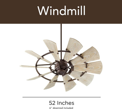Quorum 95210-86 Windmill 52 Inch Ceiling Fan | 10 Blade Wagon Wheel Design | 6 Speed Reversible DC Motor | Remote Control Included | Dry Rated Indoor Fan | Weathered Oak Blades | Oiled Bronze Finish