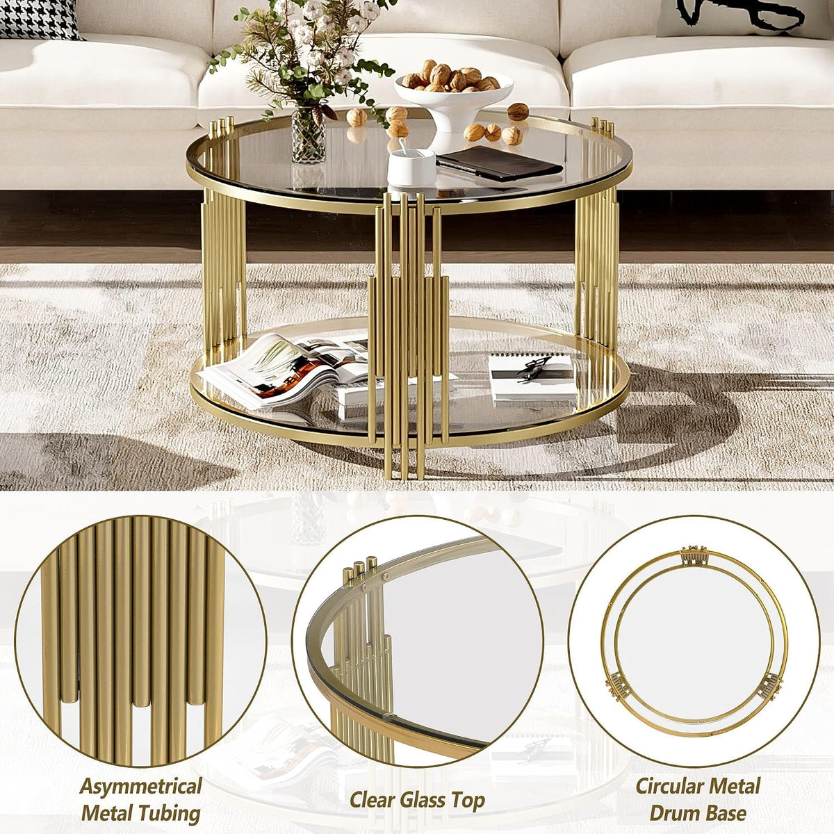 Koase Modern Mirror Coffee Table with Asymmetrical Gold Metal Base, 31.5" round Glass Top Center Accent Table, Circular Drum Design and Lower Display Shelf, Living Room Decor, Transparent