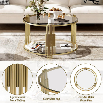 Koase Modern Mirror Coffee Table with Asymmetrical Gold Metal Base, 31.5" round Glass Top Center Accent Table, Circular Drum Design and Lower Display Shelf, Living Room Decor, Transparent