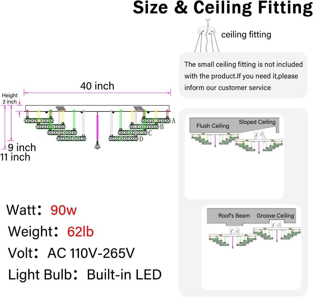 40" Modern Crystal Chandelier for Dining Room LED Dimmable Flush Mount Chandeliers Black Ceiling Chandelier for Living Room Bedrooms