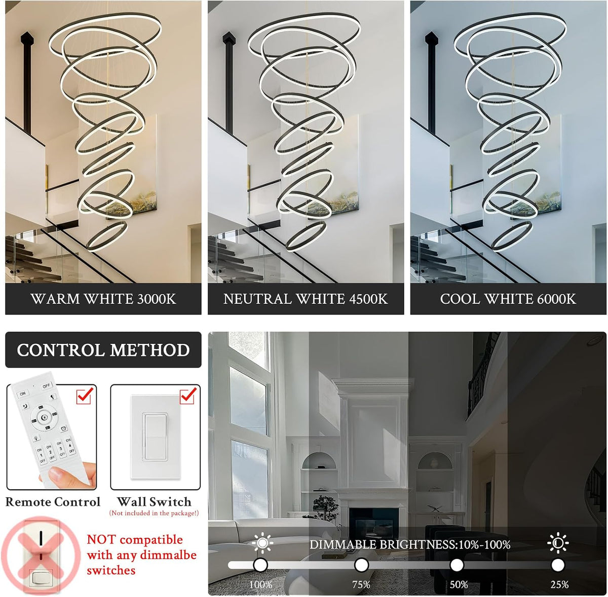 9-Rings D39.4In Modern LED Chandelier Black Dimmable High Ceiling Foyer Chandeliers Entryway with Remote Control for Staircase Entryway Living Room Foyer, 3000K-6500K