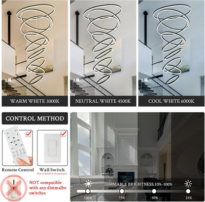 9-Rings D39.4In Modern LED Chandelier Black Dimmable High Ceiling Foyer Chandeliers Entryway with Remote Control for Staircase Entryway Living Room Foyer, 3000K-6500K