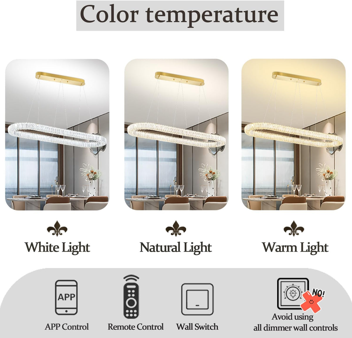 40Inch LED Crystal Ring Chandelier for Dining Room Modern Linear Pendant Light Oval Ring Chandeliers Dimmable 3000K-6000K