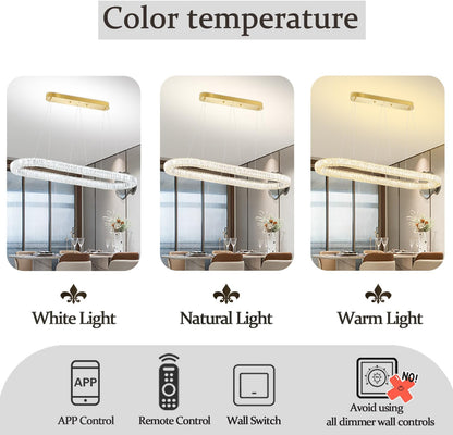 40Inch LED Crystal Ring Chandelier for Dining Room Modern Linear Pendant Light Oval Ring Chandeliers Dimmable 3000K-6000K
