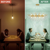14-Lights Gold Luxury Crystal Linear Chandelier, Modern Tree Branch Chandelier for Dinning Room, Kitchen, Living Room — Before & After