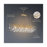 14-Lights Gold Luxury Crystal Linear Chandelier, Modern Tree Branch Chandelier for Dinning Room, Kitchen, Living Room — infographic