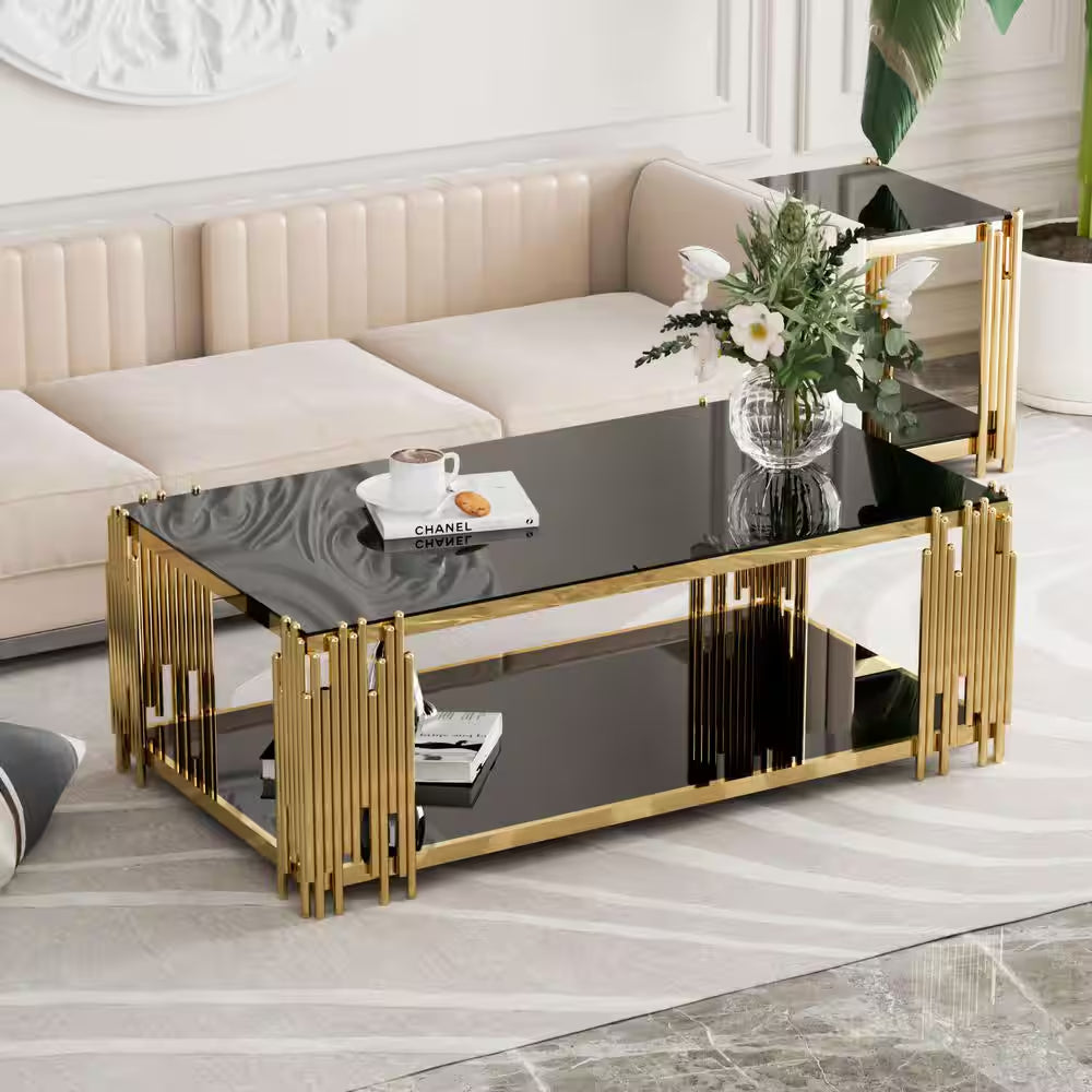 51 In. Black Rectangle Glass Coffee Table, Tempered Glass and Stainless Steel Legs, 2-Tier Center Table for Living Room