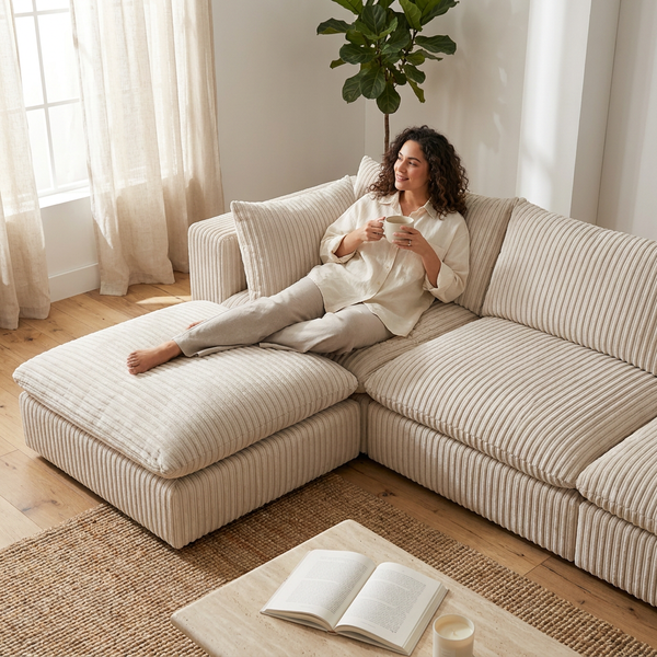 Modular Sectional Sofa Built for Ultimate Comfort, Corduroy Fabric, Movable Ottoman, U-Shape Design