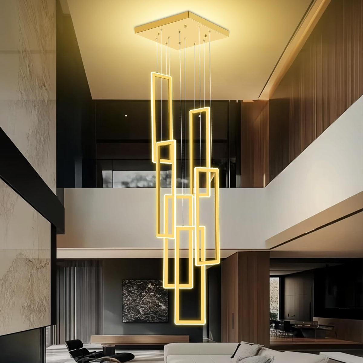 6-Ring Rectangle Chandelier Foyer High Ceiling Chandelier Contemporary Large Led Gold Ring Chandeliers for Staircase Villa