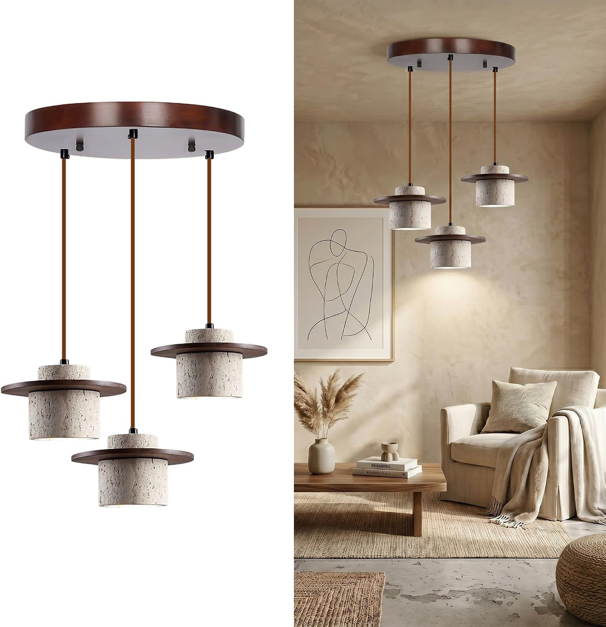 Yellow Travertine Ring Pendant Light, Walnut Wood Wabi Sabi Chandelier
