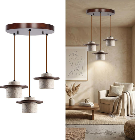 Yellow Travertine Ring Pendant Light, Walnut Wood Wabi Sabi Chandelier