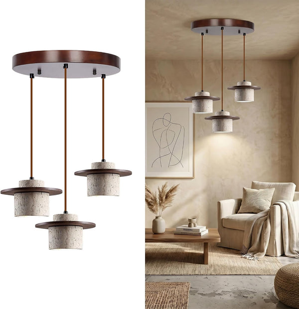 Yellow Travertine Ring Pendant Light, Walnut Wood Wabi Sabi Chandelier
