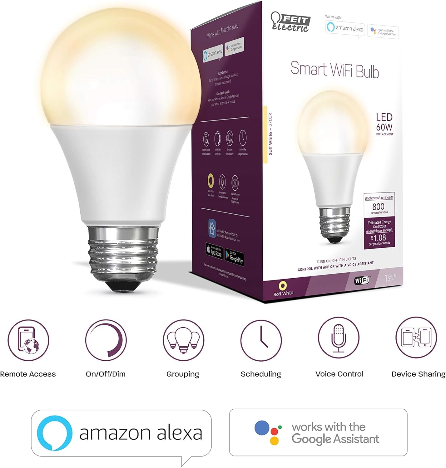 OM60/927CA/AG 60W Equivalent Wifi Dimmable, No Hub Required, Alexa Google Assistant A19 Smart LED Light Bulb, 4.4" H X 2.3" D, 2700K Soft White