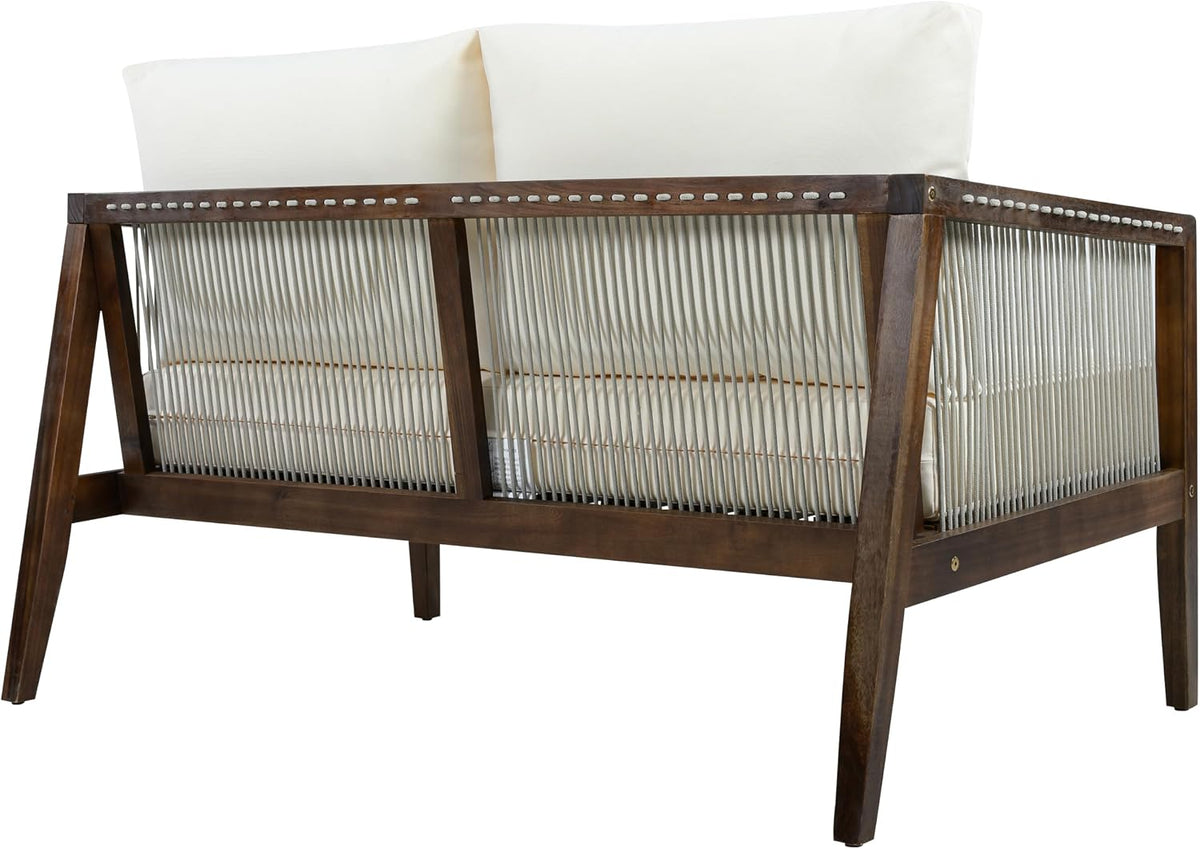 Outdoor 4-Piece Sofa Set with Acacia Wood Frame & Rope Detail, 2 Club Chairs, Loveseat & Coffee Table, Water-Repellent Beige Cushions for Patio, Backyard & Deck, Dark Brown