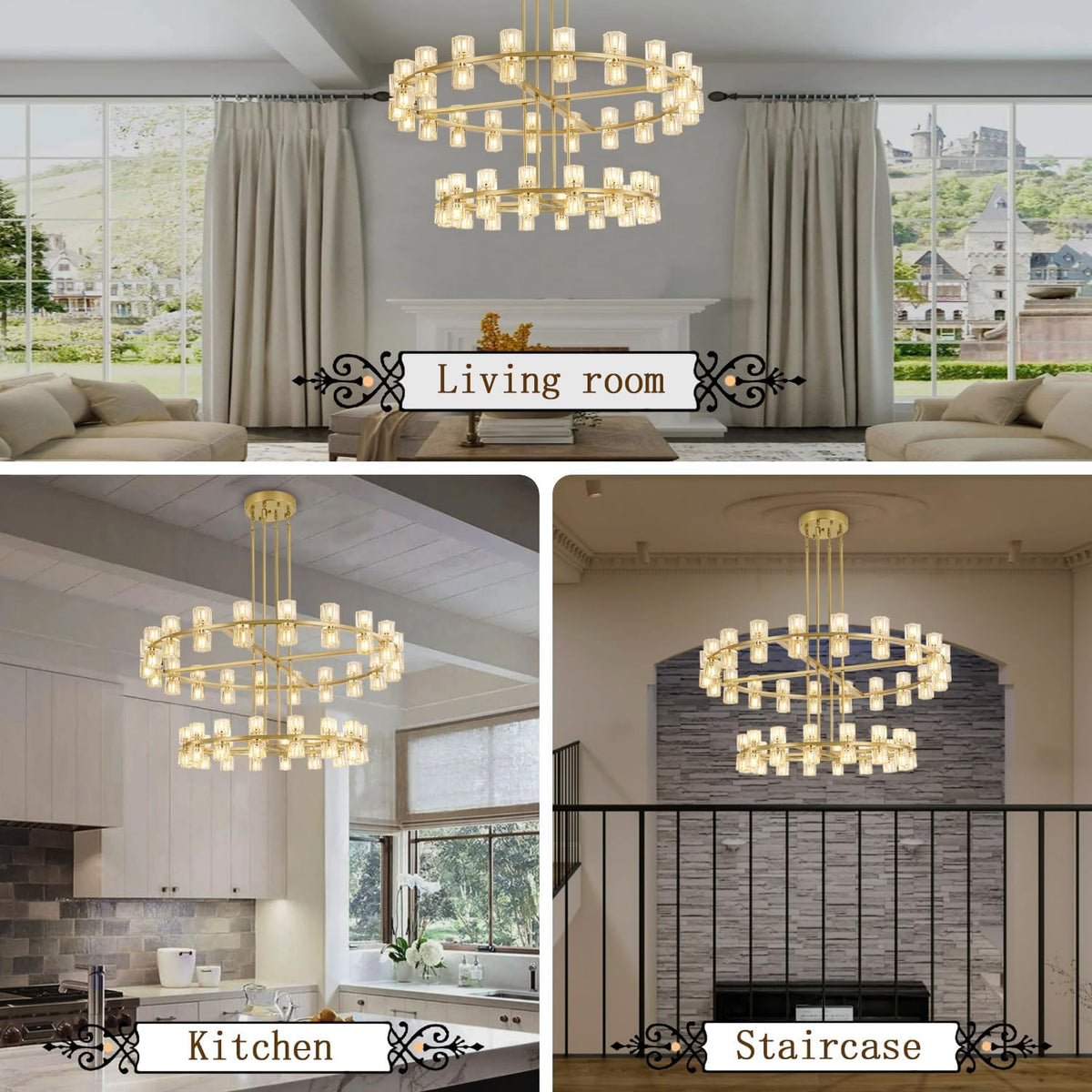 2 Tier Gold Wagon Wheel Chandelier, 108-Lights Farmhouse Pendant Light Fixture, Rustic round Chandelier for Foyer Entryway Living Room (Dia 32"+40")