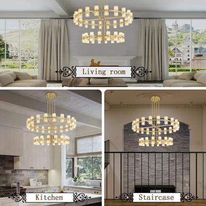 2 Tier Gold Wagon Wheel Chandelier, 108-Lights Farmhouse Pendant Light Fixture, Rustic round Chandelier for Foyer Entryway Living Room (Dia 32"+40")