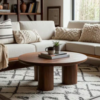 36 In. Dark Brown round Wood Scandinavian Coffee Table with Cylindrical Legs