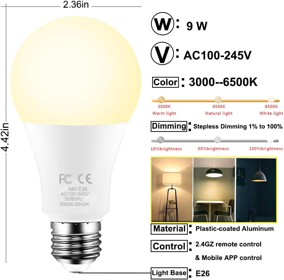 E26 A60 9W Smart LED Bulb with 2.4Ghz Remote Control, for Bedroom, Mood Soothing, 60W Equivalent 800Lm,Stepless Dimmable 3000-6500K,1 Bulb &1Remote