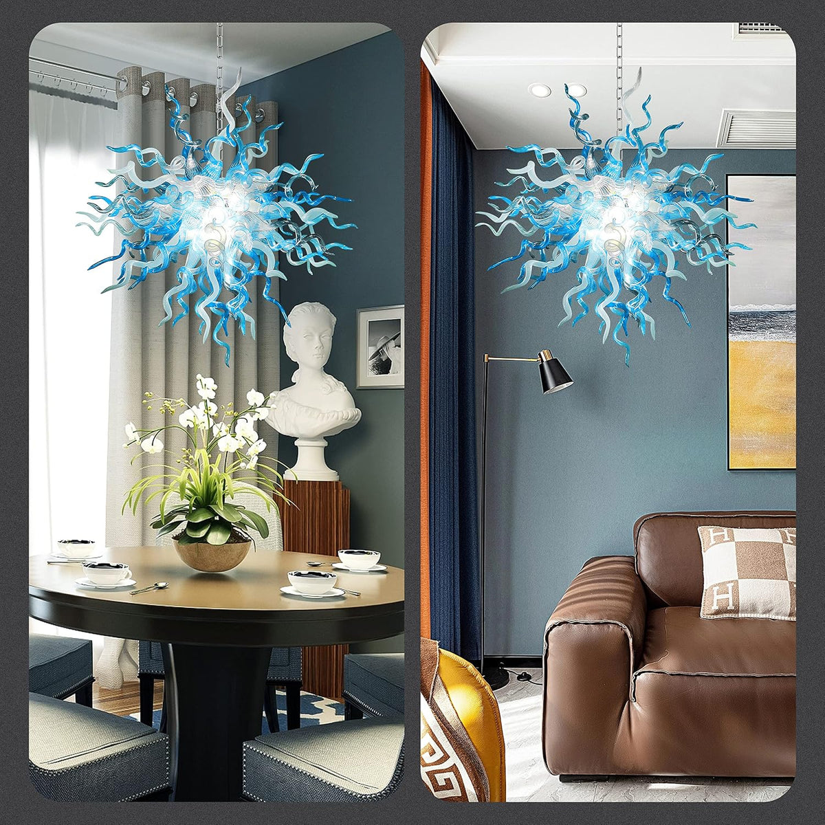 28" Hand Blown Glass Chandelier, Blue White Art Deco Pendant