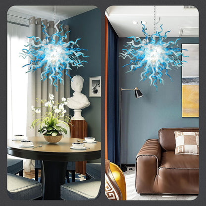 28" Hand Blown Glass Chandelier, Blue White Art Deco Pendant