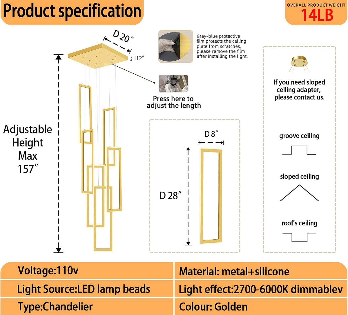 6-Ring Rectangle Chandelier Foyer High Ceiling Chandelier Contemporary Large Led Gold Ring Chandeliers for Staircase Villa