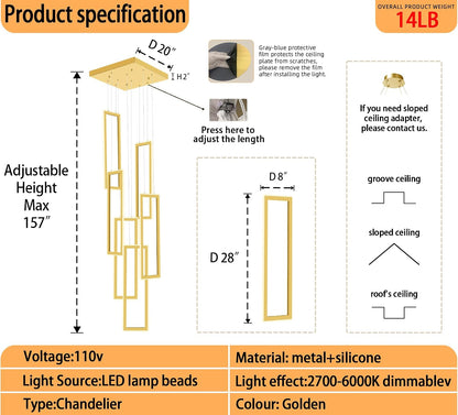 6-Ring Rectangle Chandelier Foyer High Ceiling Chandelier Contemporary Large Led Gold Ring Chandeliers for Staircase Villa