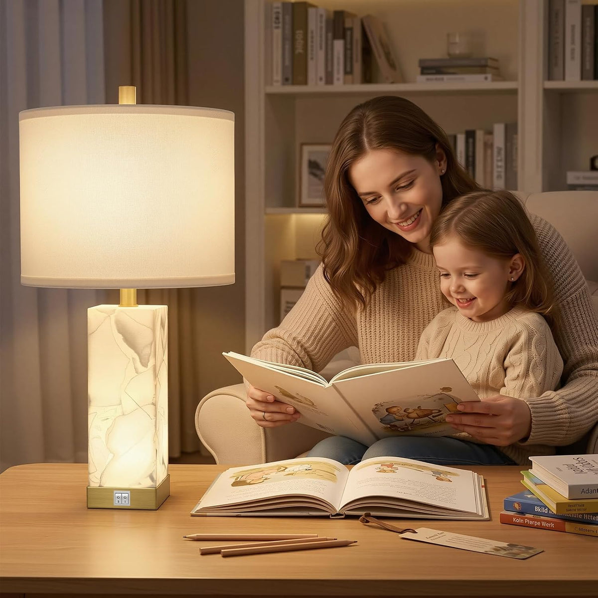 23" Alabaster Table Lamp Set of 2 for Living Room with Night Light