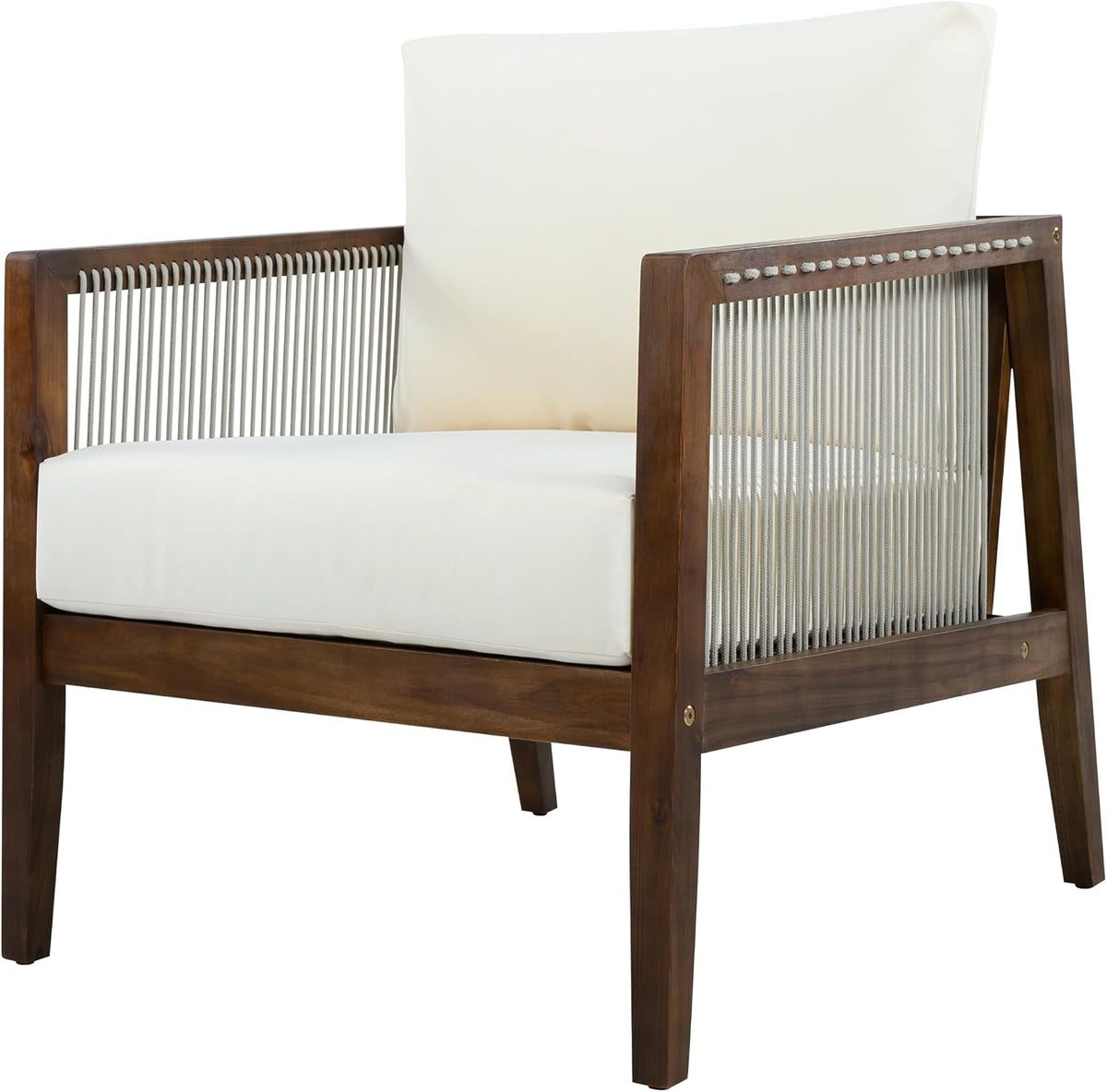 Outdoor 4-Piece Sofa Set with Acacia Wood Frame & Rope Detail, 2 Club Chairs, Loveseat & Coffee Table, Water-Repellent Beige Cushions for Patio, Backyard & Deck, Dark Brown