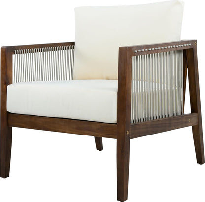 Outdoor 4-Piece Sofa Set with Acacia Wood Frame & Rope Detail, 2 Club Chairs, Loveseat & Coffee Table, Water-Repellent Beige Cushions for Patio, Backyard & Deck, Dark Brown