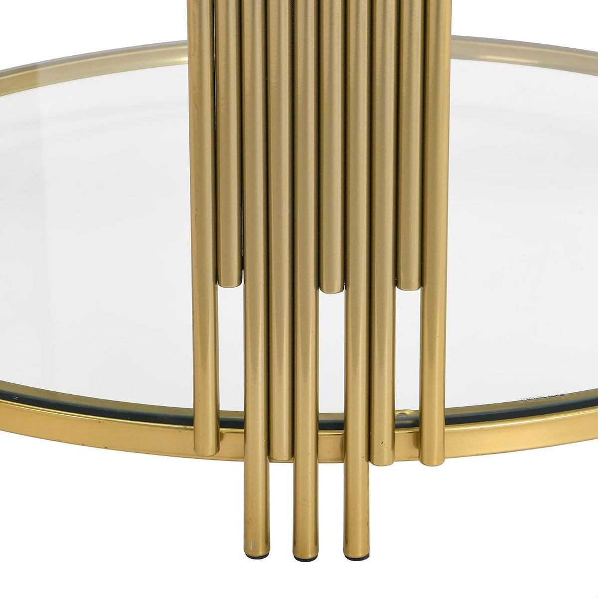 Koase Modern Mirror Coffee Table with Asymmetrical Gold Metal Base, 31.5" round Glass Top Center Accent Table, Circular Drum Design and Lower Display Shelf, Living Room Decor, Transparent